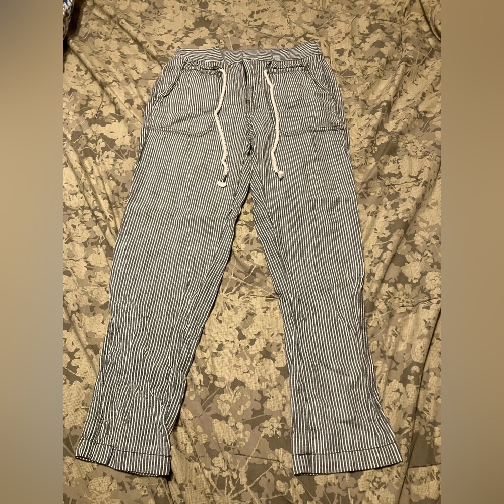 Anthropologie Linen Blend Railroad Stripe Drawstring Pants XS Blue White